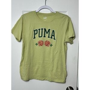 Puma Floral Faux Embroidery Womens Tee Size Medium Green Logo